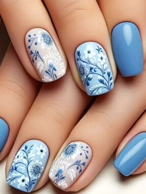 Blue Floral Press-On Nails